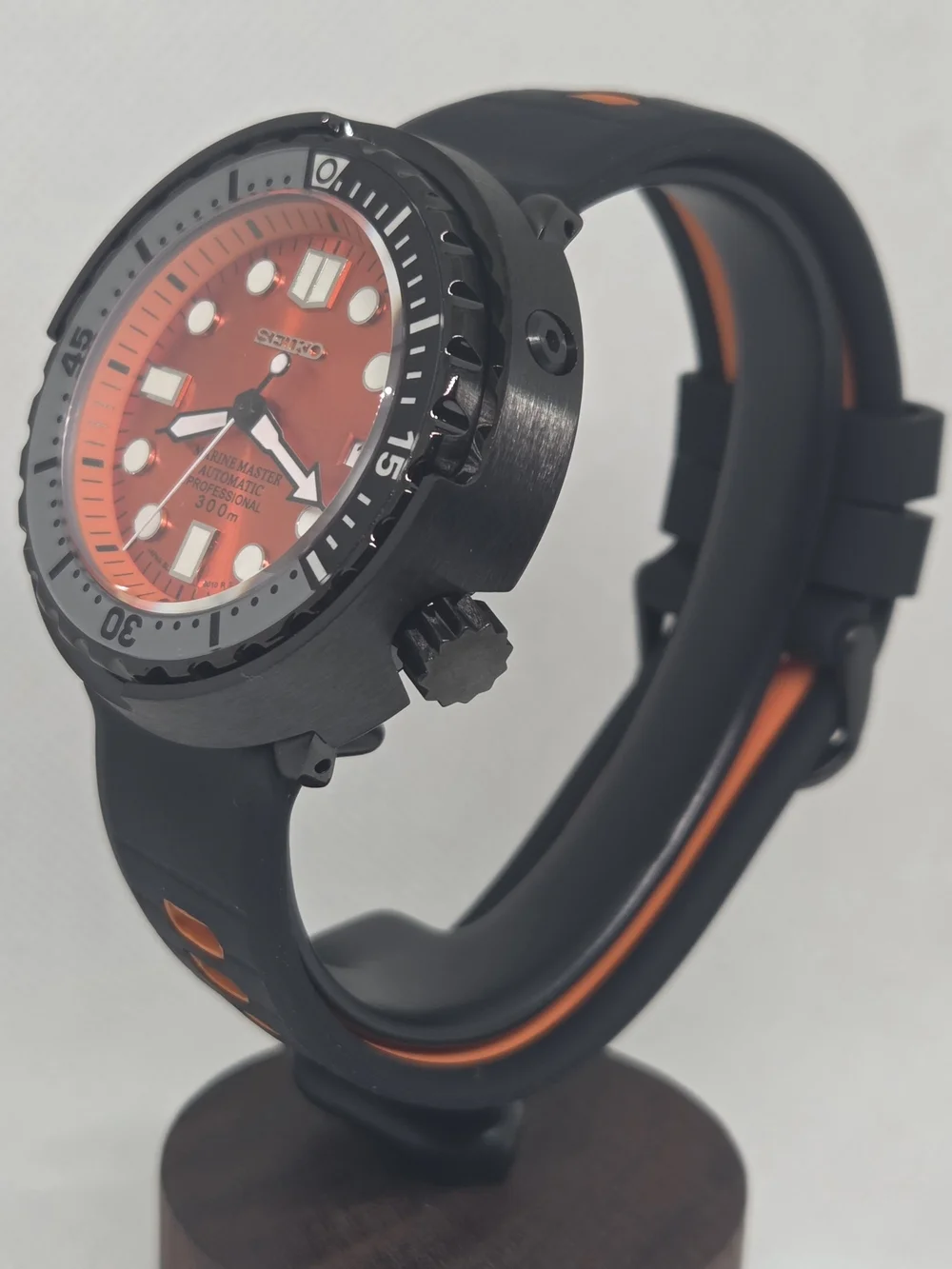 Custom 47mm Automatic Seiko Mod Watch NH35 Black and Orange Tuna Canned Diver
